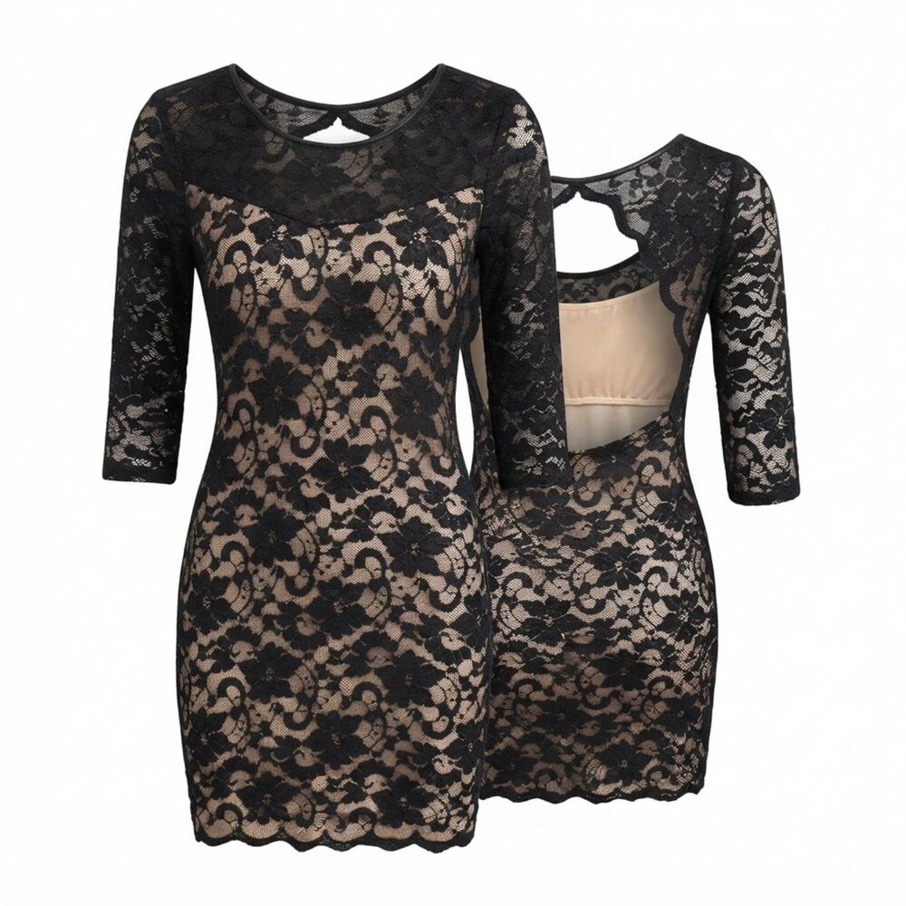Emerald Sundae Black Lace Overlay Bodycon Dress Y2K Cutout Back Whimsigoth S